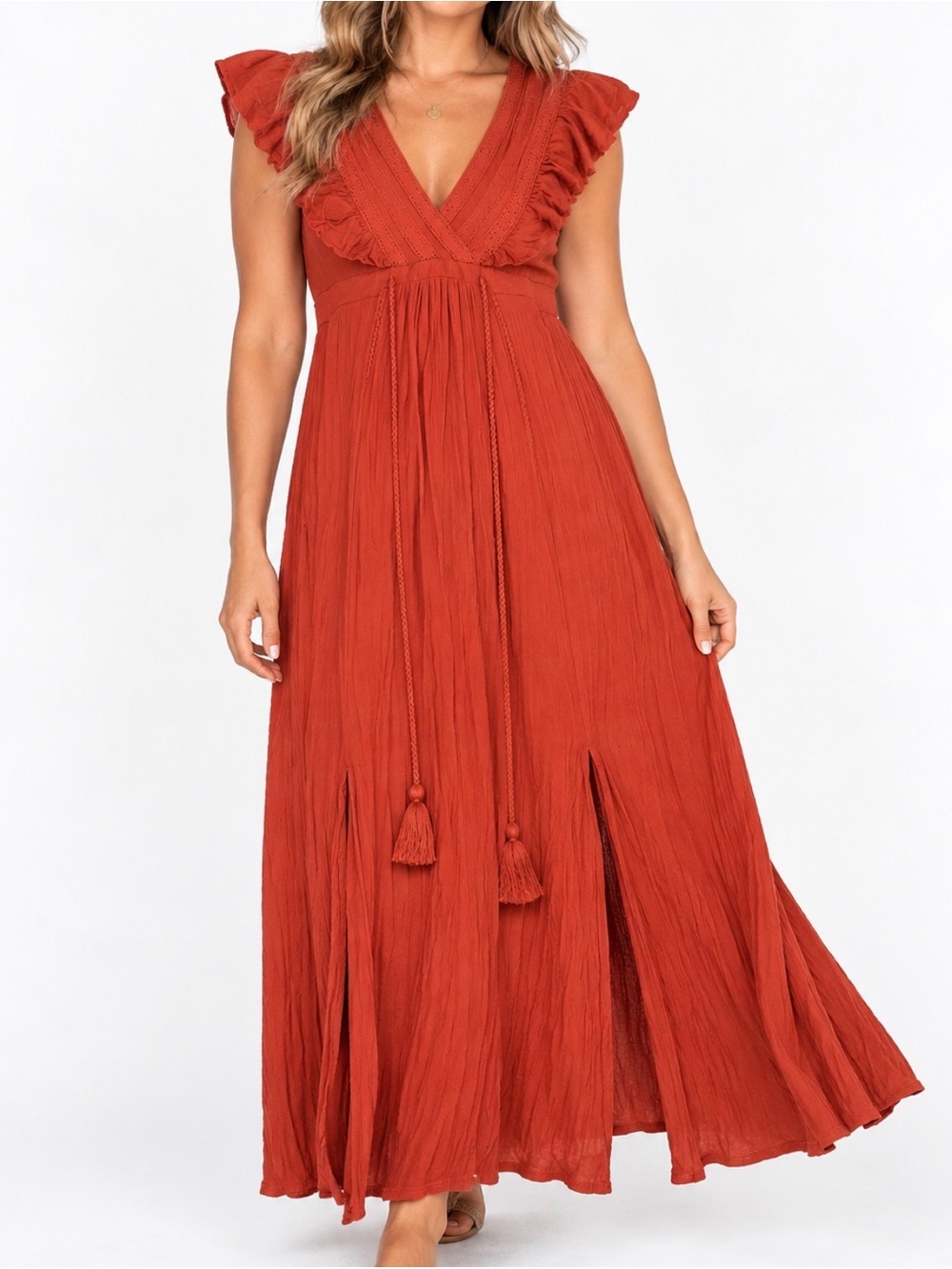 Baltic Born Flowy rust Red Maxi Dress Flutter Sleeves braided ties front slit LG